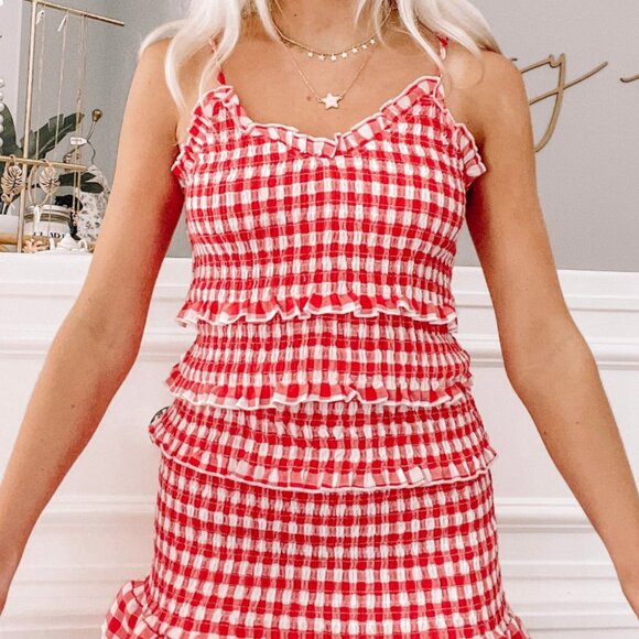 Red Gingham Smocked Mini Dress with a V Neck - Picture 2 of 2